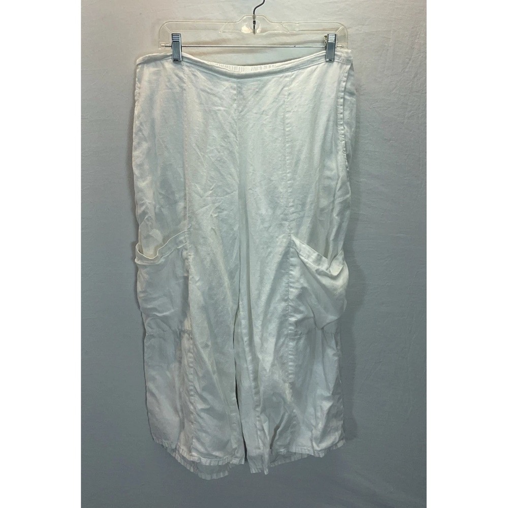 FLAX Pants Womens M White Linen Cropped Cargo Wide Leg Pull-on Lagenlook‎ Boho